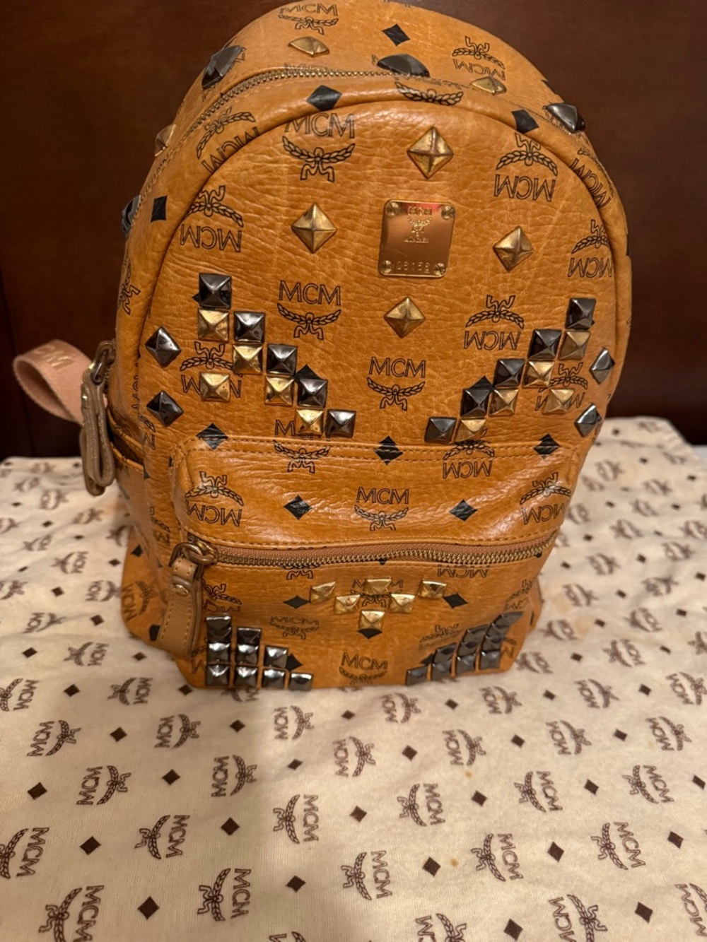 MCM Cognac Visetos Mini Backpack with Gold and Black Studs - Picture 2 of 11
